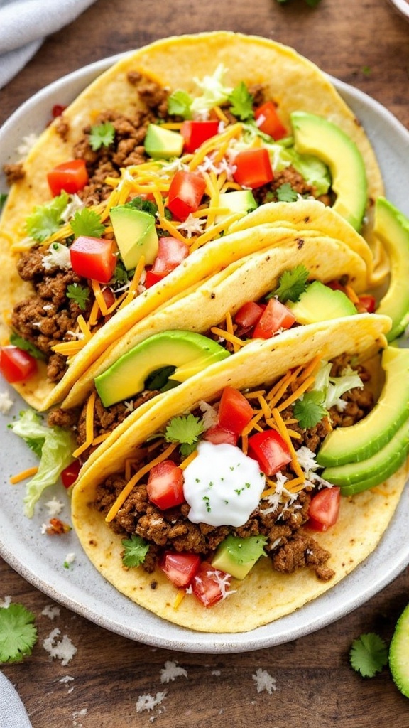 Keto Tacos with cauliflower tortillas filled with ground beef, topped with lettuce, tomatoes, cheese, and avocado.